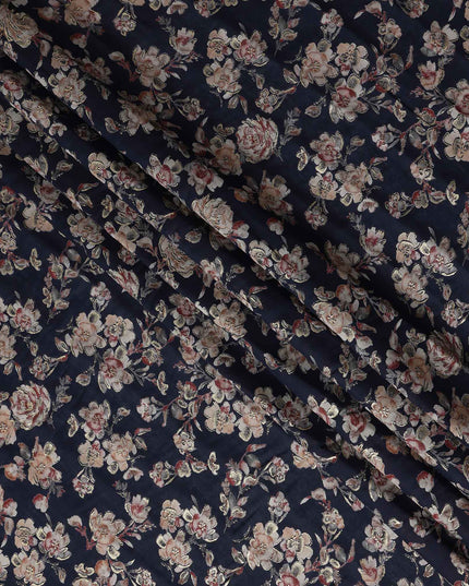Navy Blue Small Floral Foil Viscose 110cm