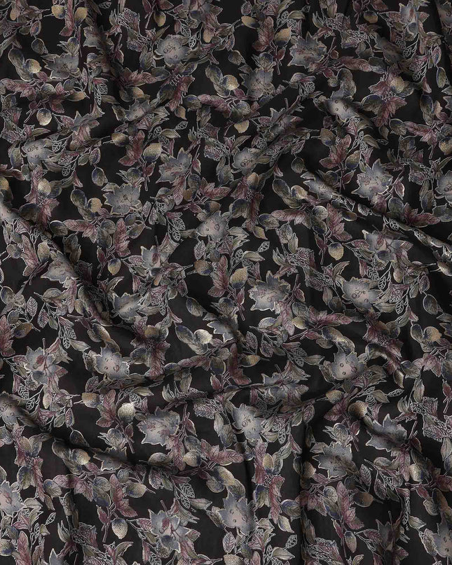 Black Floral Foil Viscose Fabric 110cm India