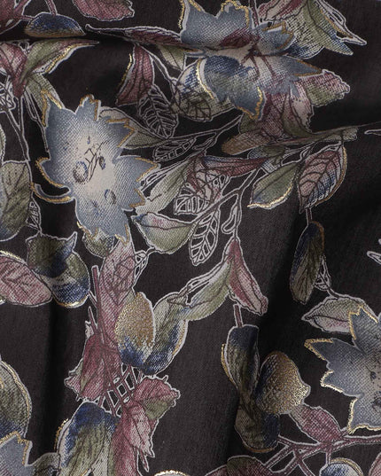 Black Floral Foil Viscose Fabric 110cm India