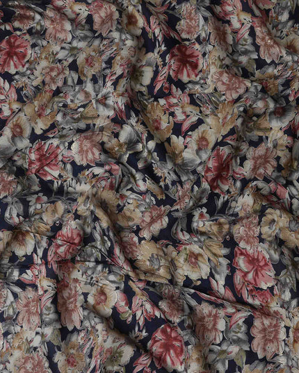 Navy Blue Large Floral Foil Viscose Fabric 110cm