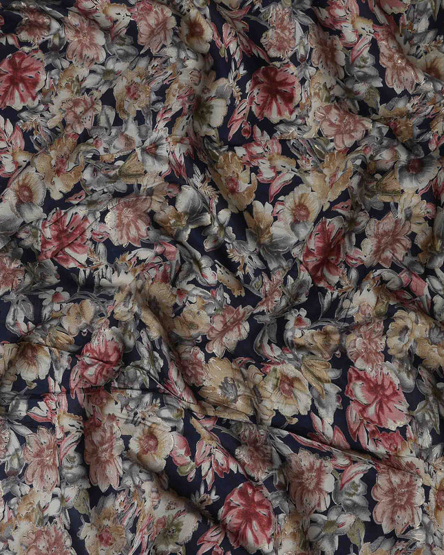 Navy Blue Large Floral Foil Viscose Fabric 110cm