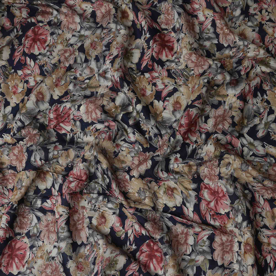 Navy Blue Large Floral Foil Viscose Fabric 110cm