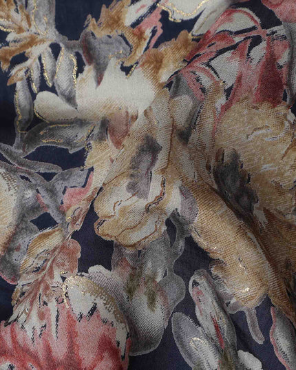Navy Blue Large Floral Foil Viscose Fabric 110cm