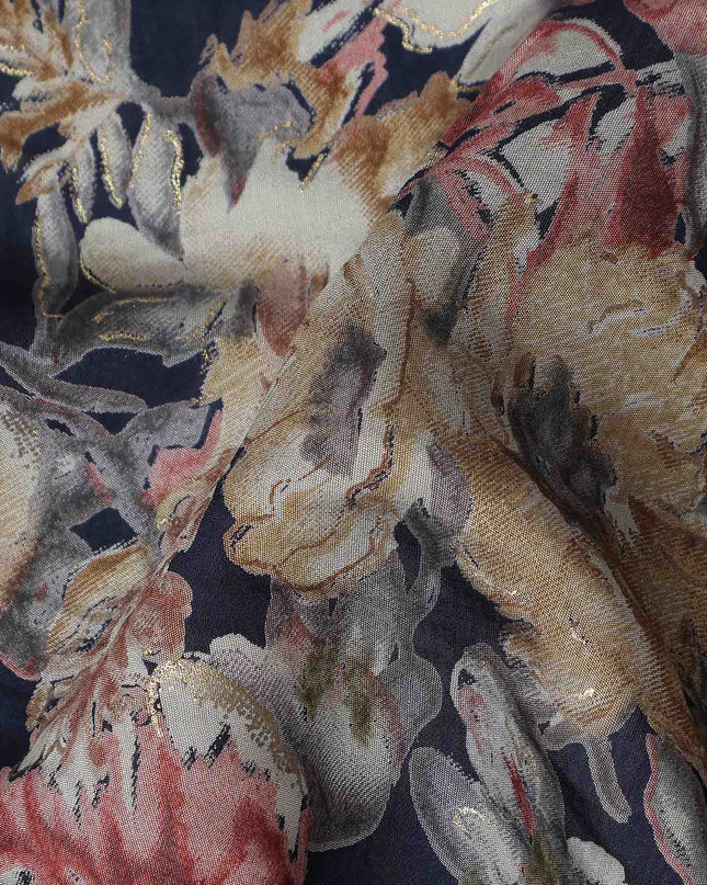 Navy Blue Large Floral Foil Viscose Fabric 110cm