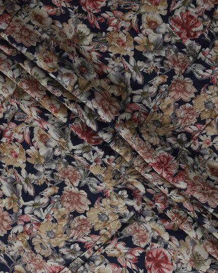 Navy Blue Large Floral Foil Viscose Fabric 110cm