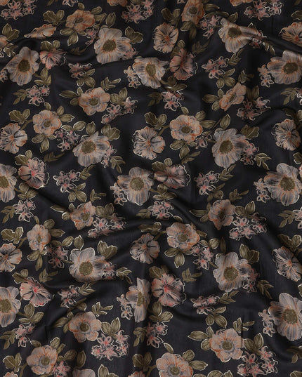 Jet Black Floral Cotton Lawn Fabric 110cm