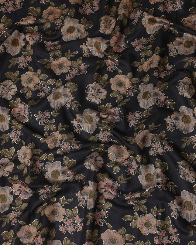 Jet Black Floral Cotton Lawn Fabric 110cm