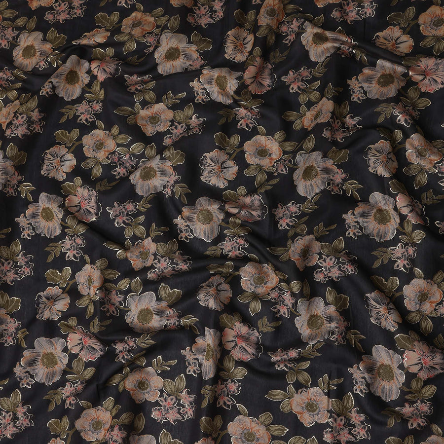 Jet Black Floral Cotton Lawn Fabric 110cm