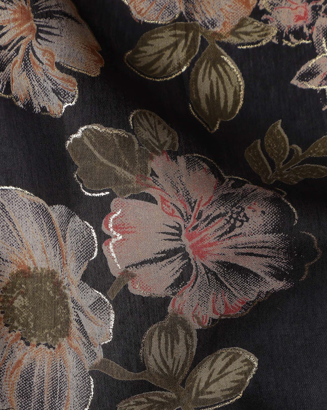 Jet Black Floral Cotton Lawn Fabric 110cm
