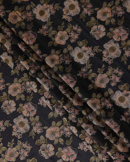 Jet Black Floral Cotton Lawn Fabric 110cm