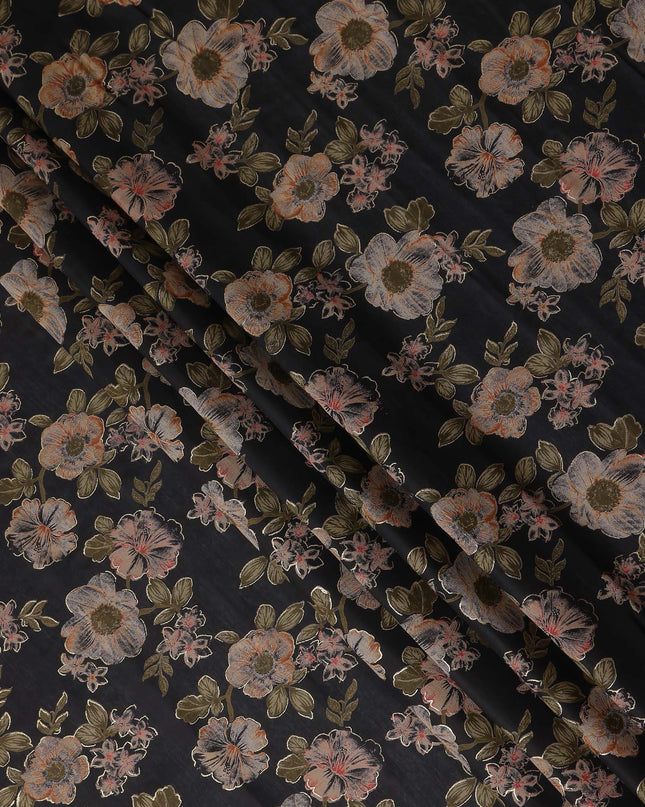 Jet Black Floral Cotton Lawn Fabric 110cm