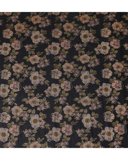 Jet Black Floral Cotton Lawn Fabric 110cm