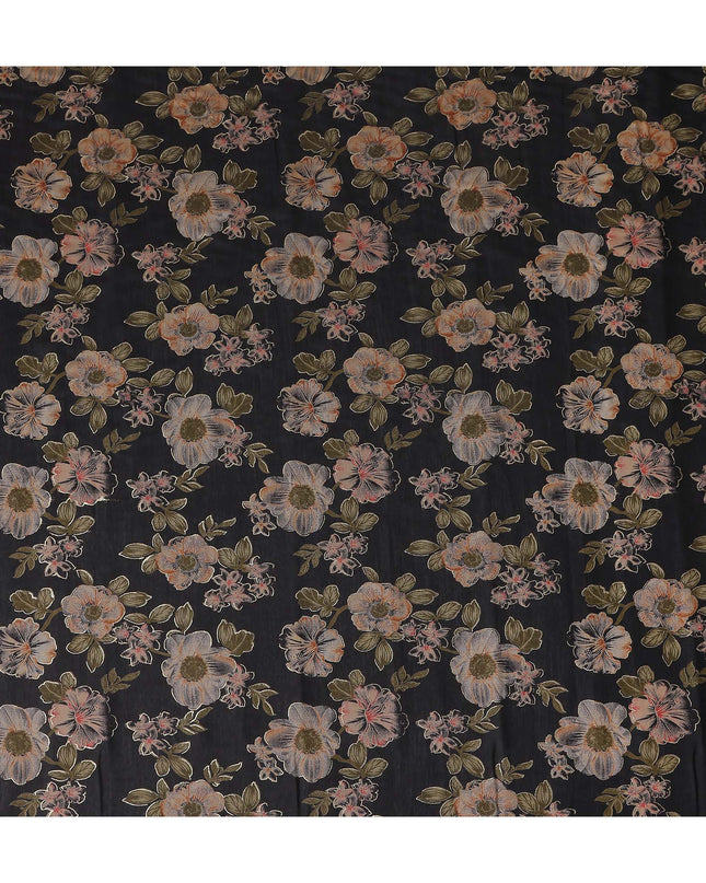 Jet Black Floral Cotton Lawn Fabric 110cm