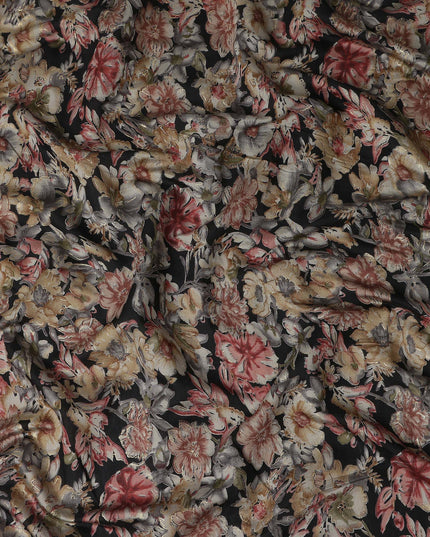 Onyx Black Floral Cotton Lawn Fabric 110cm