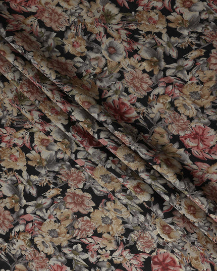 Onyx Black Floral Cotton Lawn Fabric 110cm