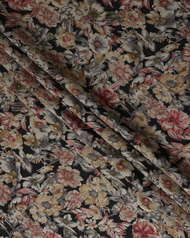 Onyx Black Floral Cotton Lawn Fabric 110cm