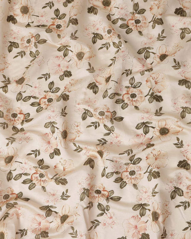 Almond Beige Floral Cotton Lawn Fabric 110cm