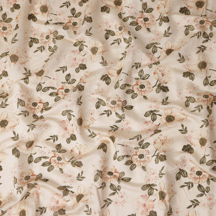 Almond Beige Floral Cotton Lawn Fabric 110cm