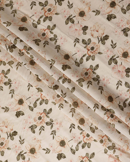 Almond Beige Floral Cotton Lawn Fabric 110cm