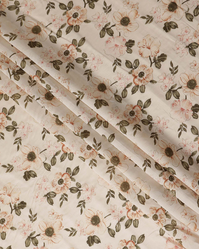 Almond Beige Floral Cotton Lawn Fabric 110cm