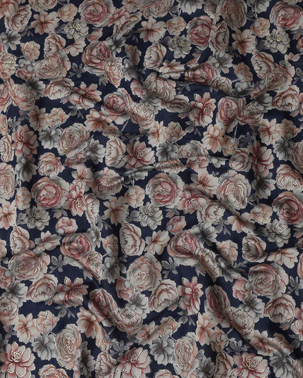 Navy Blue Rose Foil Viscose Fabric 110cm India