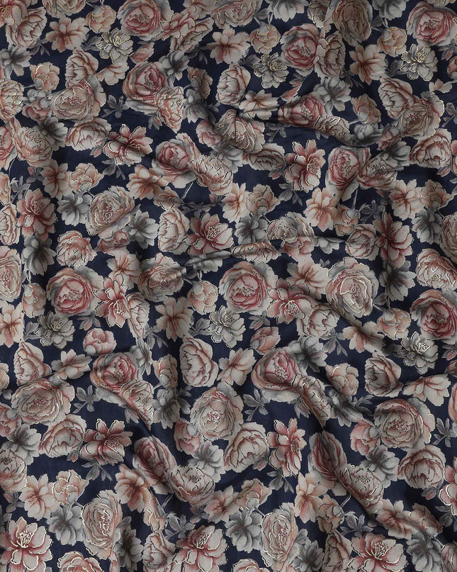 Navy Blue Rose Foil Viscose Fabric 110cm India