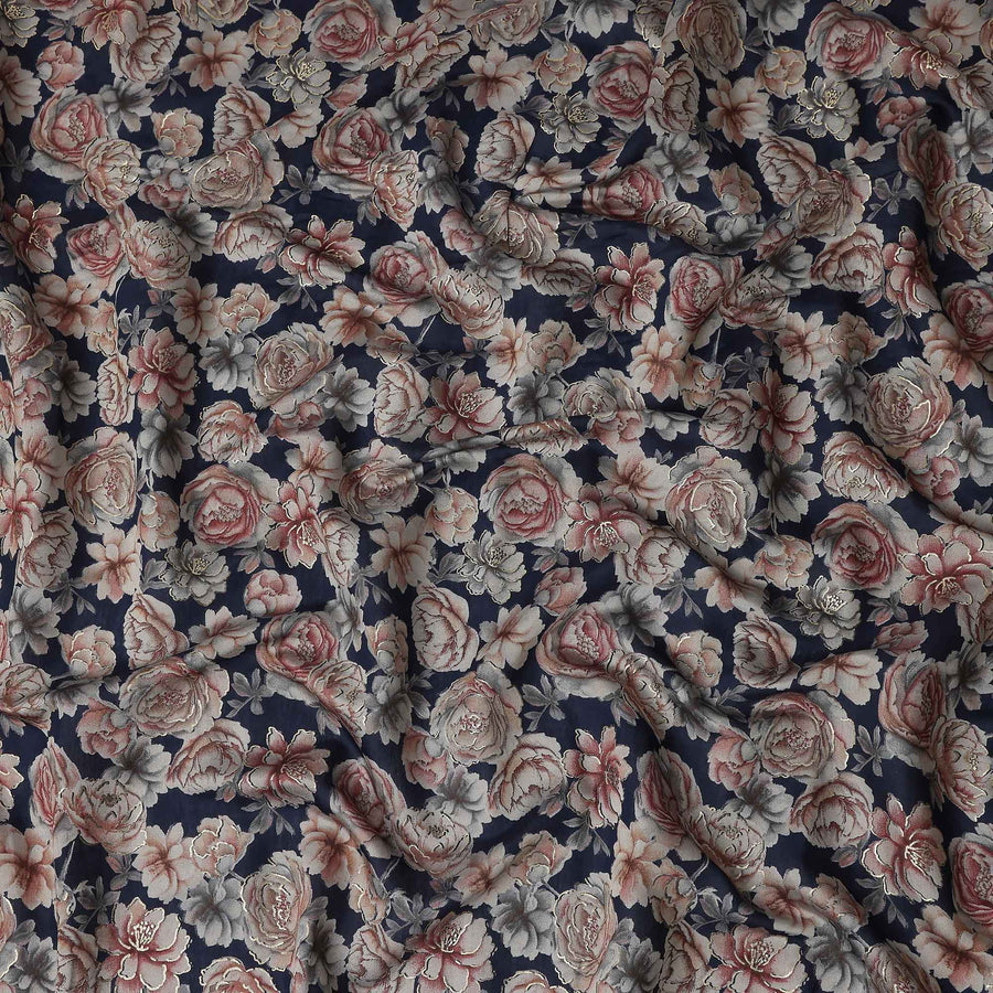 Navy Blue Rose Foil Viscose Fabric 110cm India