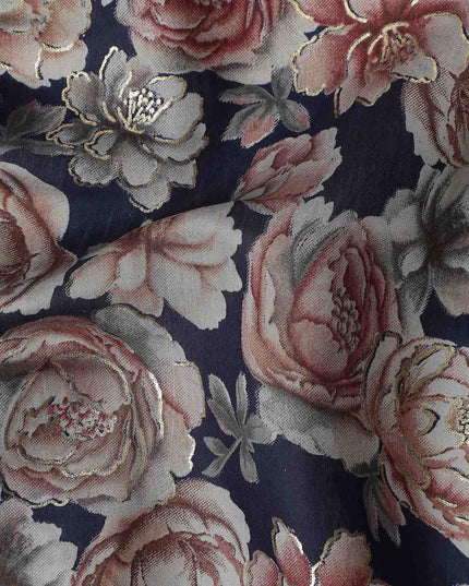 Navy Blue Rose Foil Viscose Fabric 110cm India