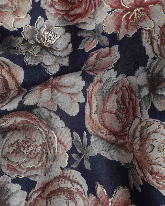 Navy Blue Rose Foil Viscose Fabric 110cm India