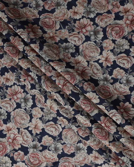 Navy Blue Rose Foil Viscose Fabric 110cm India