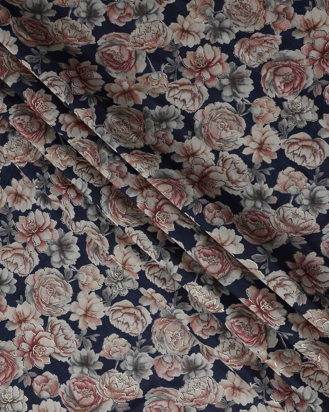 Navy Blue Rose Foil Viscose Fabric 110cm India