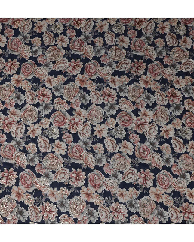 Navy Blue Rose Foil Viscose Fabric 110cm India