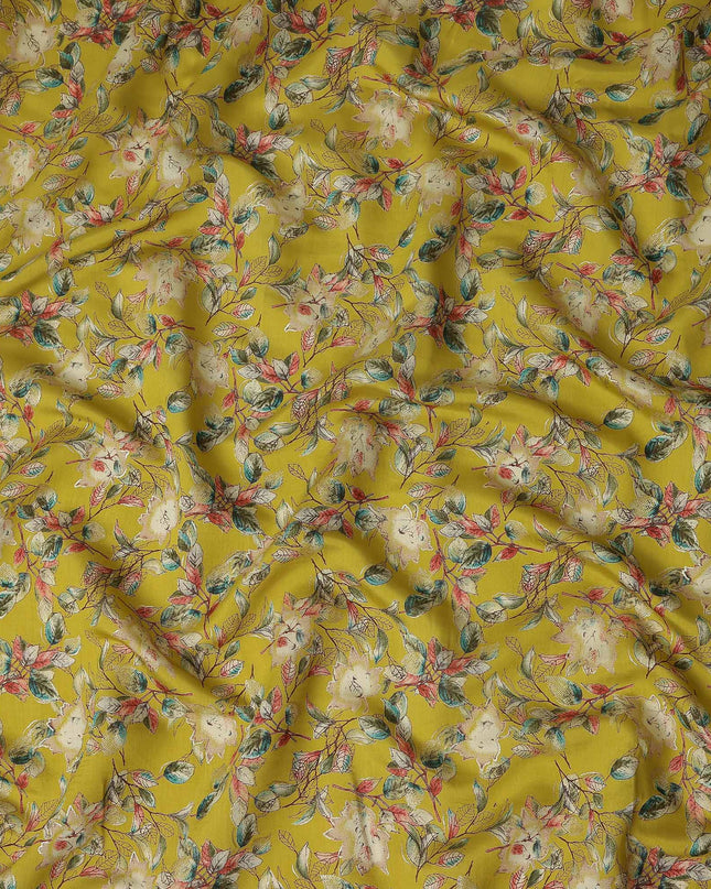 Chartreuse Yellow Floral Leaf Cotton Lawn Fabric 110cm