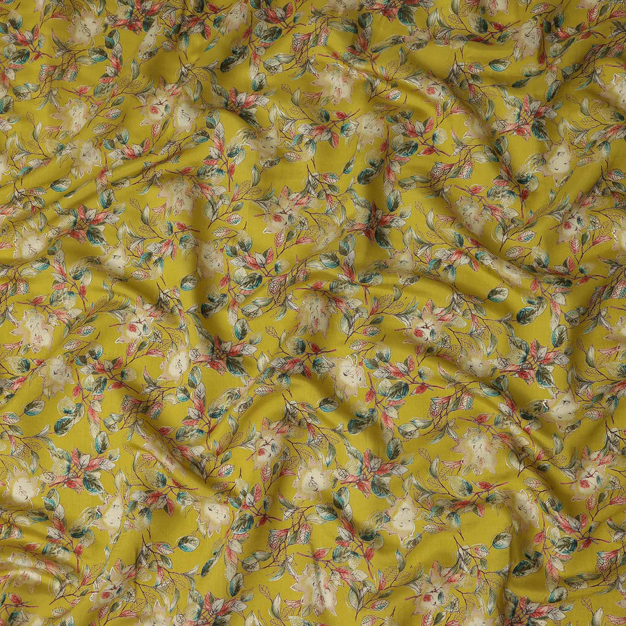 Chartreuse Yellow Floral Leaf Cotton Lawn Fabric 110cm