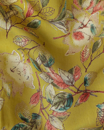 Chartreuse Yellow Floral Leaf Cotton Lawn Fabric 110cm