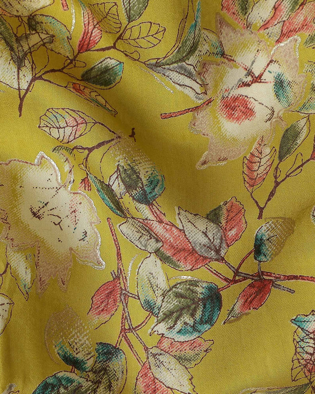 Chartreuse Yellow Floral Leaf Cotton Lawn Fabric 110cm
