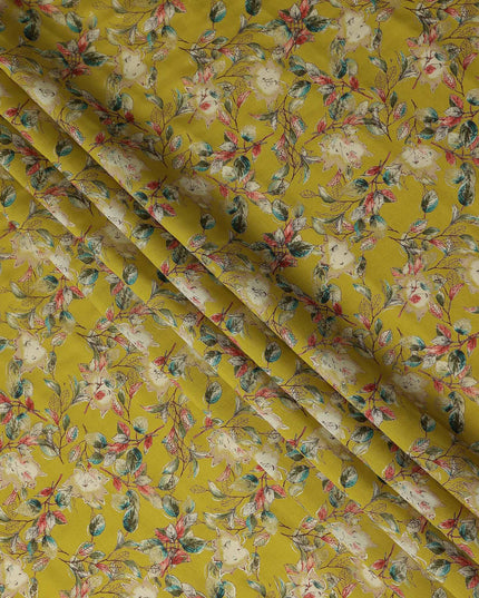 Chartreuse Yellow Floral Leaf Cotton Lawn Fabric 110cm