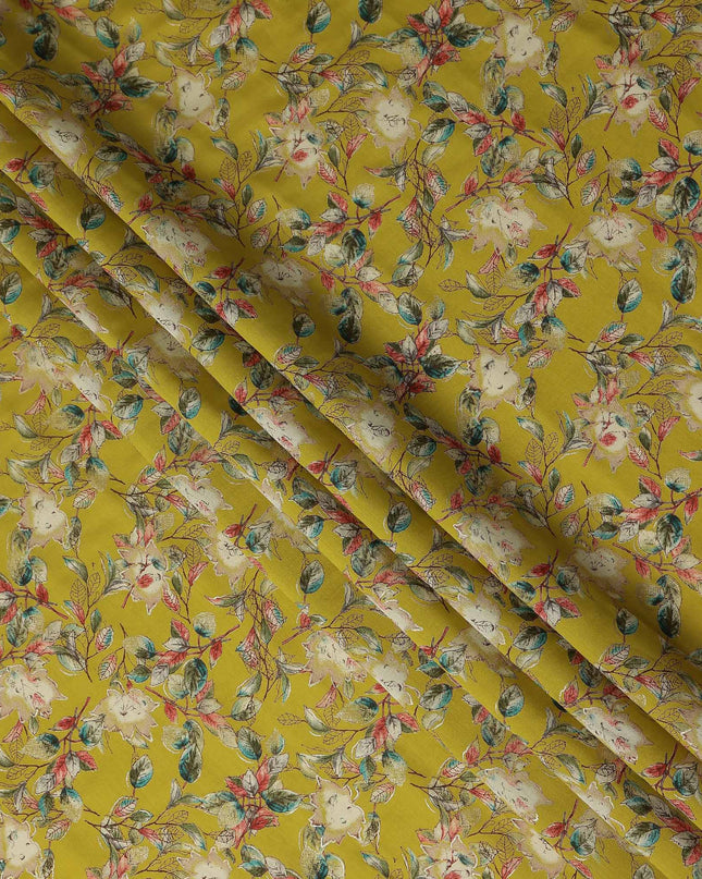 Chartreuse Yellow Floral Leaf Cotton Lawn Fabric 110cm