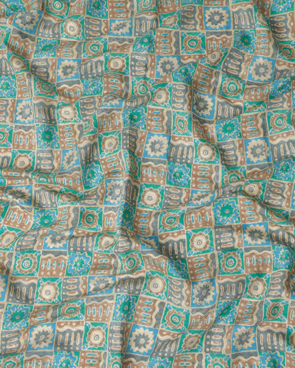 Turquoise Teal Geometric Tile Cotton Lawn Fabric 110cm