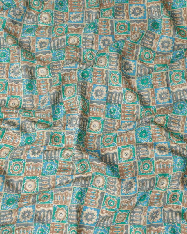 Turquoise Teal Geometric Tile Cotton Lawn Fabric 110cm
