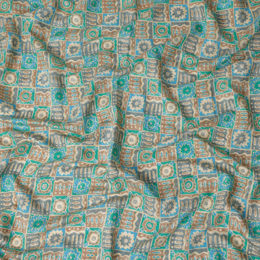 Turquoise Teal Geometric Tile Cotton Lawn Fabric 110cm