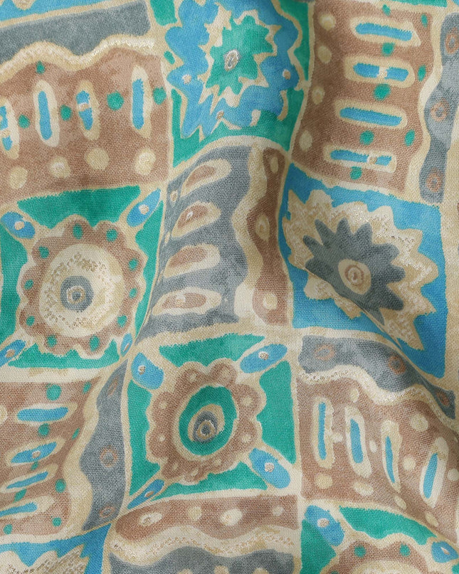 Turquoise Teal Geometric Tile Cotton Lawn Fabric 110cm