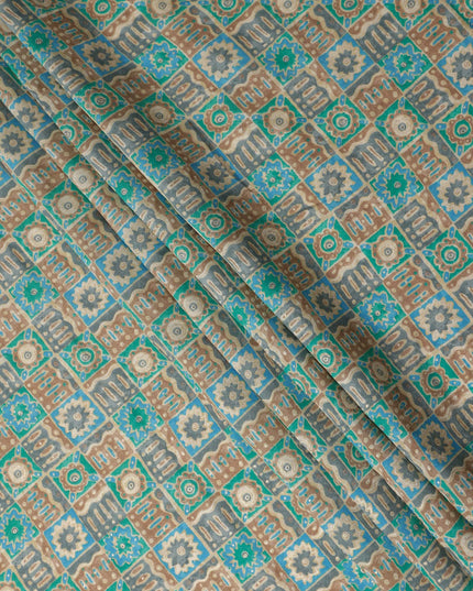 Turquoise Teal Geometric Tile Cotton Lawn Fabric 110cm