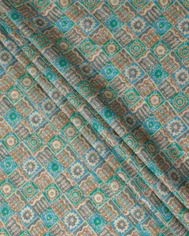 Turquoise Teal Geometric Tile Cotton Lawn Fabric 110cm