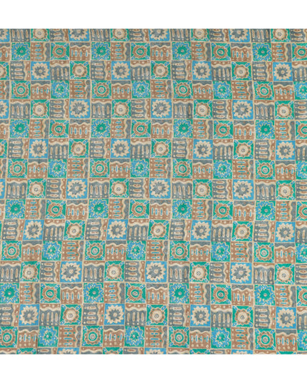 Turquoise Teal Geometric Tile Cotton Lawn Fabric 110cm
