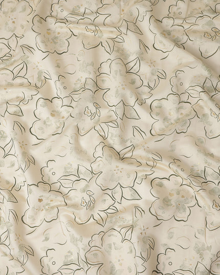 Ivory Cream Line Art Floral Cotton Lawn Fabric 110cm
