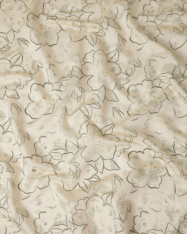 Ivory Cream Line Art Floral Cotton Lawn Fabric 110cm