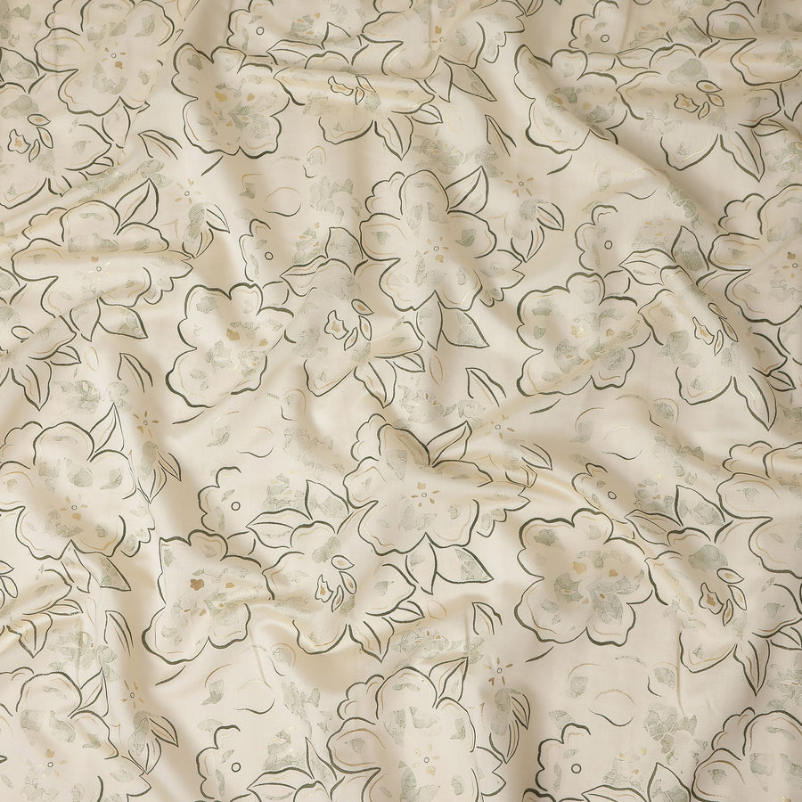 Ivory Cream Line Art Floral Cotton Lawn Fabric 110cm