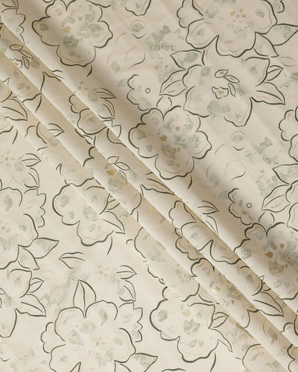 Ivory Cream Line Art Floral Cotton Lawn Fabric 110cm