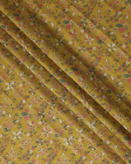 Ochre Yellow Floral Cotton Lawn Fabric 110cm